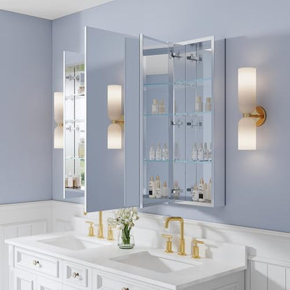 48" x 36" Bathroom Medicine Cabinet with Mirror, Anodized Chrome Aluminum Frame, Surface Mount or Recessed Medicine Cabinet with Mirror, Bathroom Mirror with Storage, Three Doors - size: 48"x36"-A