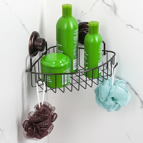 HASKO accessories Suction Cup Corner Shower Caddy - 304 Stainless Steel Shower Shelf - Adhesive 3M Stick Discs Included - Bathroom Caddy with Hooks - No Drilling Bathtub Storage Organizer (Bronze) - color: Bronze