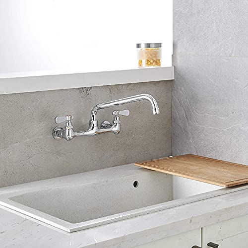 Wall Mount Kitchen Faucet with 10 Inch Swivel Spout, Chrome | Lead-Free Brass,8 Inches Center,Dual Handle Hot & Cold Mixer, Commercial Faucet for Restaurant/Laundry/Utility Sinks - size: 10 Inch