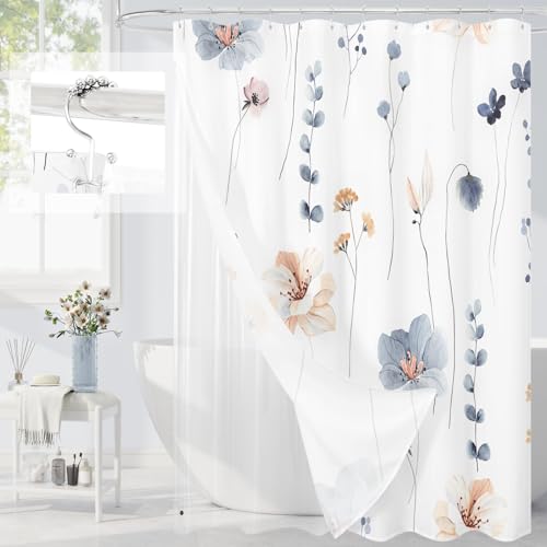 Extra Long 3 in 1 Shower Curtain Set, 72x90 | Extra Long 3 in 1 Shower Curtain Set, PEVA Liner Set & 12 Double Sided Steel Hooks, Waterproof Fabric Bathroom Curtain - color: Blue, size: 72"W x 90"L (Pack of 1)