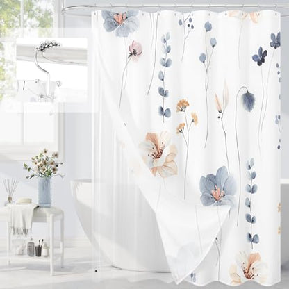 Extra Long 3 in 1 Shower Curtain Set, 72x84 | Extra Long 3 in 1 Shower Curtain Set, PEVA Liner Set & 12 Double Sided Steel Hooks, Waterproof Fabric Bathroom Curtain - color: Blue, size: 72"W x 84"L (Pack of 1)