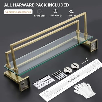 LANC Bathroom Glass Shelf with Towel Bars 20-Inch Floating Tempered Glass Shelves with 2 Towel Rails Brushed Gold Cologne Shelf for Men Shower Bath Storage Glass Rack Wall Mount Heavy Duty，A7617BG - color: Brushed Gold