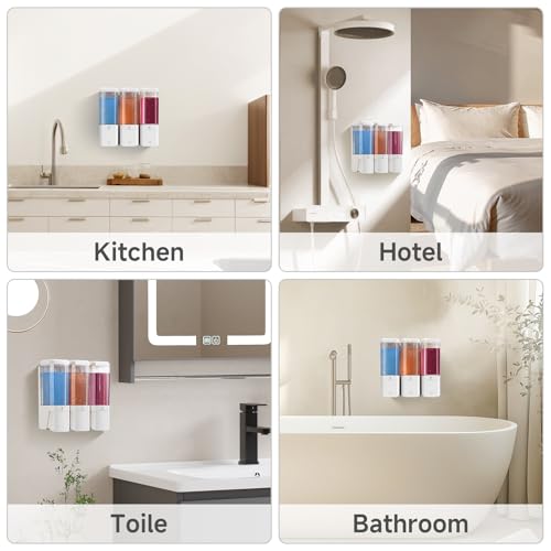 Shampoo and Conditioner Dispenser,GlintGath Shower Dispenser 3 Chamber No Drill Shampoo Dispenser for Shower Wall Mounted Shower Soap Dispenser for Bathroom Hotel,Large Capacity 3 * 500ML,White