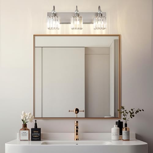 Ralbay Brushed Nickel Vanity Light for Bathroom Crystal 3-Light Modern Crystal Bathroom Light Fixtures - color: Square-Brushed Nickel, size: 3-light