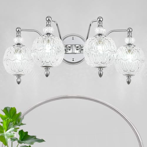 Brushed Chrome Bathroom Vanity Light, 4-Light Mid Century Modern Brushed Chrome Finish Wall Sconce with Globe Glass Shades, Retro Mirror Light for Bathroom, Powder Room - color: Chrome, size: 4 Light