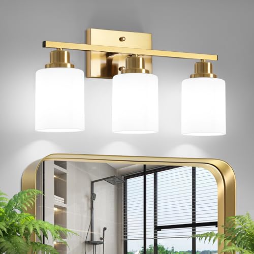 Ascher Bathroom Light Fixtures, 3-Light Vanity Light Over Mirror, Gold Wall Sconces with Milky White Frosted Glass Shades, Wall Lamp for Living Room Bedroom, E26 Base(Bulbs Not Included) - color: Gold, size: 3-Light
