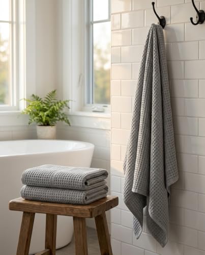 Bamboo Viscose Waffle Bath Towels - Pack of 4 - Grey - 250 GSM – 100% Viscose Derived from Bamboo - Quick-Dry Waffle Weave - Spa & Gym Ready - Oeko-TEX Certified – Absorbent - Breathable - color: Grey