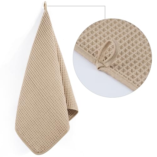 POLYTE 430 GSM Poly Blend Microfiber Quick Dry Waffle Hand Towel, 16x30 in | 4 Pack, Oversize, Lint Free, Quick Dry, Hanging Loop - color: Beige