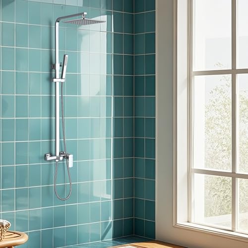RBROHANT Polished Chrome Exposed Shower System with Tub Spout, Exposed Shower Fixtures for Bathroom with Brass 3-Functional Valve, Height Adjustable, Wall Mounted - color: Polished Chrome