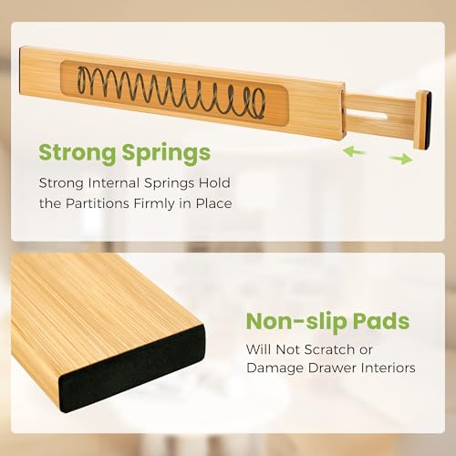 Fyvva Drawer Organizer, Spring-Loaded Expandable Bamboo Dividers 4-Pack | Large Kitchen Drawer Organizer, Adjustable 16.9 to 22.2 in, 2.3in High Non Slip for Kitchen Clothes Bathroom Office Natural - size: 4 Pack Large