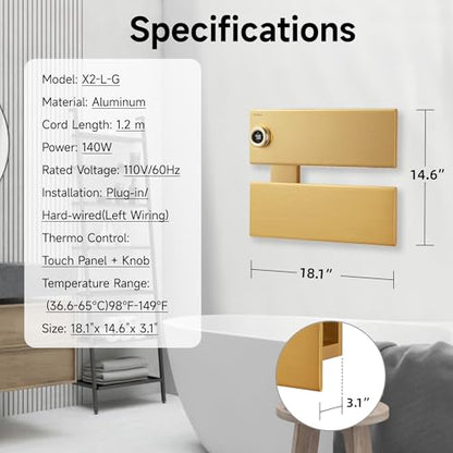 P&Dlusir X Series Heated Towel Rack, 2 Panel, Gold | Towel Warmer, Precise Thermo Control and Timer (1-24h, On), Fast Heating and Drying, Plug-in, Hardwired - color: Gold, size: 2 Panel