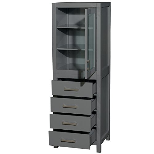 Wyndham Collection Sheffield 24 inch Linen Tower in Dark Gray with Shelved Cabinet Storage and 4 Drawers - color: Dark Gray With Brushed Chrome Trim