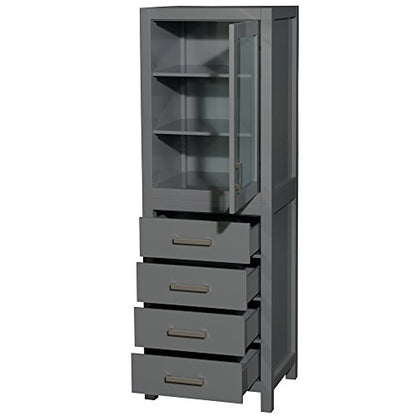 Wyndham Collection Sheffield 24 inch Linen Tower in Dark Gray with Shelved Cabinet Storage and 4 Drawers - color: Dark Gray With Brushed Chrome Trim