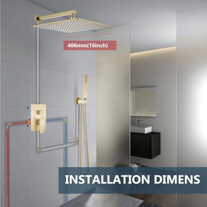 Aolemi Shower Faucet Set with Valve Handheld 16" LED Head Brushed Gold | Handheld Spray,16 Inch Rain LED Head,Valve and Trim Kit,All Metal,Wall Mount Shower System,Bathroom Mixer - color: Gold, size: 16 Inch LED Shower Head