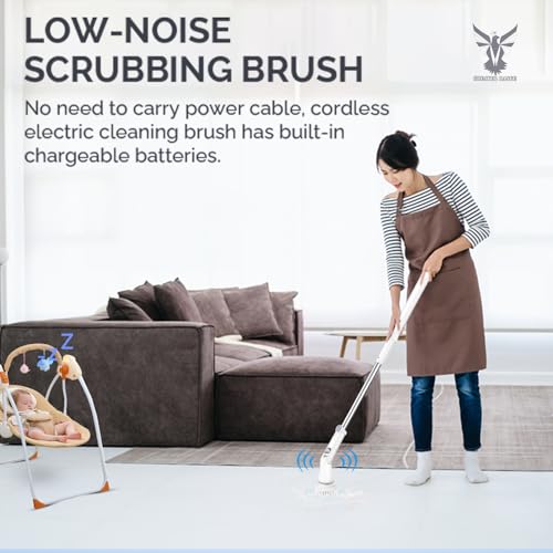 Electric Spin Scrubber - Cordless Cleaning Head with 6 Replaceable Brushes - 90° Rotatable - Ideal for Floor, Window, Cars - Ivory White