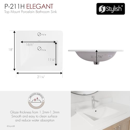 Stylish 21" White Porcelain Top-Mount Bathroom Sink, Rectangular Basin with Overflow Caps, High-Gloss Finish, cUPC Certified, Fits 22″ Cabinets, P-211H - style: 21" White Porcelain Top-Mount Bathroom Sink