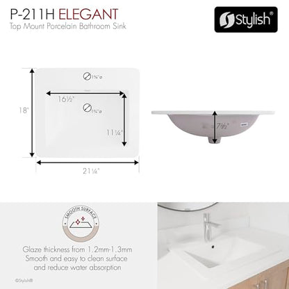 Stylish 21" White Porcelain Top-Mount Bathroom Sink, Rectangular Basin with Overflow Caps, High-Gloss Finish, cUPC Certified, Fits 22″ Cabinets, P-211H - style: 21" White Porcelain Top-Mount Bathroom Sink