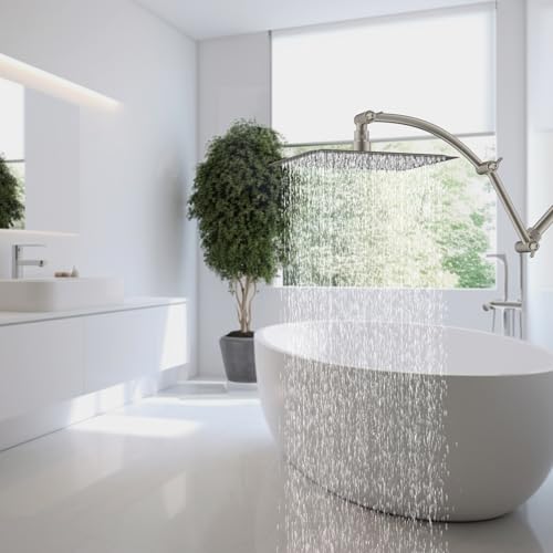 Hibbent All Metal 8'' Rain Shower Head, 16'' Extension Arm, Brushed Nickel | cUPC Certified High Pressure Rainfall Showerhead with Solid Brass Adjustable Shower Head Extension Arm, Fixed Showerheads - color: Brushed Nickel, style: Square 8''