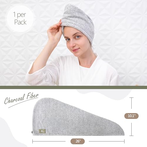 myHomeBody Hair Towel Wrap, Quick Drying Turban, Absorbent Cap – Gray | Hair Turban Towel for wet hair, Ultra Soft Charcoal Fiber Cap, Towel Head Wrap for bathing with Coconut Shell Button - color: Grey