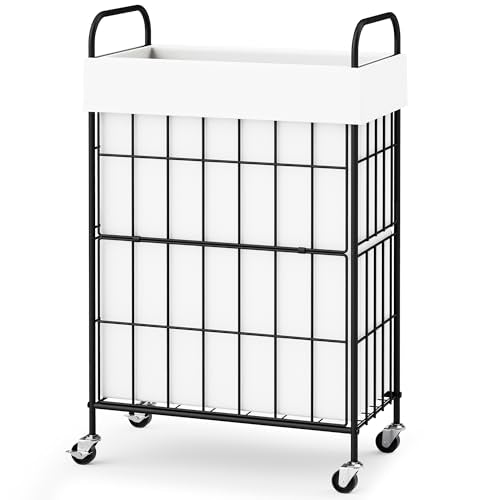 60L Slim Laundry Hamper with Wheels, Laundry Basket with Liner Bag | Lockable Rolling Casters; Reinforced Steel Frame; Breathable Fabric Construction; Space-Efficient Design - color: White, size: 60L-1 Section