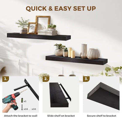 Solid Wood Floating Shelves, 36 Inch Wall Shelves, Set of 2, Black | 8 Inch Deep, 1.6 Inch Thick, Extra-Wide Display Space, Mounting Hardware Included, For Kitchen, Bathroom and Living Room - color: Black, size: 36x8x1.6