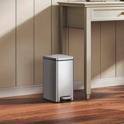 Slim Stainless Steel Trash Can - 2.6 Gallon Step Garbage Bin with Soft Close Lid, Brushed Finish, Narrow Vertical Wastebasket for Bathroom, Bedroom, or Office, Durable Construction and Easy Cleaning