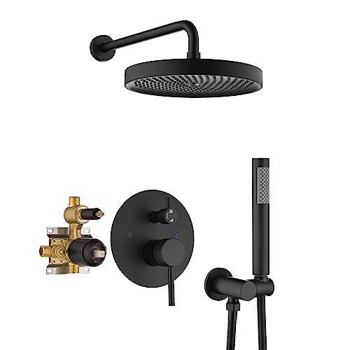 Black Shower Faucets Sets Complete, Matte Black Shower Fixtures, Shower System with 10 Inch Rainfall Shower Head And High Pressure Handheld, Brass Valve with Pressure Balance Cartridge - style: 10-inch Black