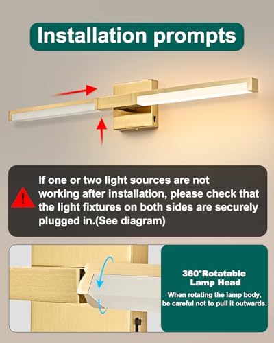 24 Inch Bathroom Vanity Light Fixtures, Gold Modern Light Fixtures Over Mirror, 12W 5CCT Dimmable Wall Light - color: Gold - 1Pack, size: 24 inch