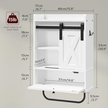 MAHANCRIS Bathroom Wall Cabinet, Farmhouse Medicine Cabinets with Sliding Door, Wall Mounted Storage Cabinet with Adjustable Shelf and Towel Bar, for Bathroom, Living Room, Kitchen, White - color: White