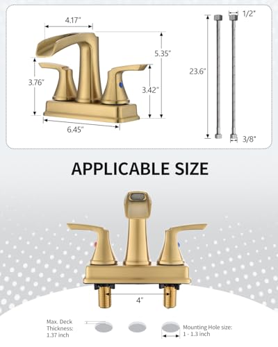 Fapully 4 Inch Centerset Waterfall Bathroom Faucet Brushed Gold | Lead-Free Brass, Llave De Lavamanos De Baño, Bathroom Sink Faucet for Bathroom Sink with Pop-up Drain, - color: Brushed Gold
