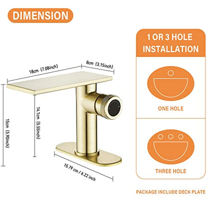becola Modern Brushed Gold Bathroom Faucet，Waterfall Faucet for Bathroom Sink，Single Hole Cold and Hot Basin Mixer Tap，Single Handle Vanity Faucet with Adjust Knobs and Deck Plate - color: Brushed gold, size: low
