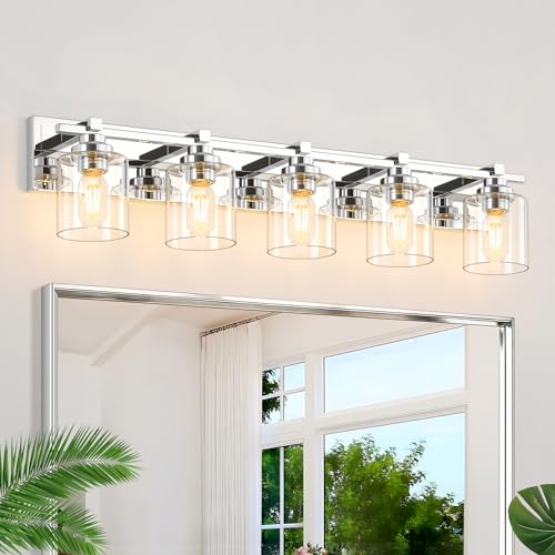 Modern Bathroom Light Fixtures Over Mirror, Vanity Lights for Bathroom Wall Sconces with Clear Glass Shades, E26 Socket (Bulbs Not Included), 5 Light, Chrome - color: Chrome - Clear Glass Shades, size: 5-Lights