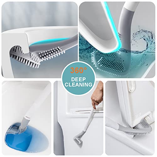 Toilet Brush, Long Handle Golf Toilet Brush with Holder 360° Deep Cleaning Flexible Silicone Toilet Cleaner Brush Wall Mounted for Bathroom (Green) - color: Green
