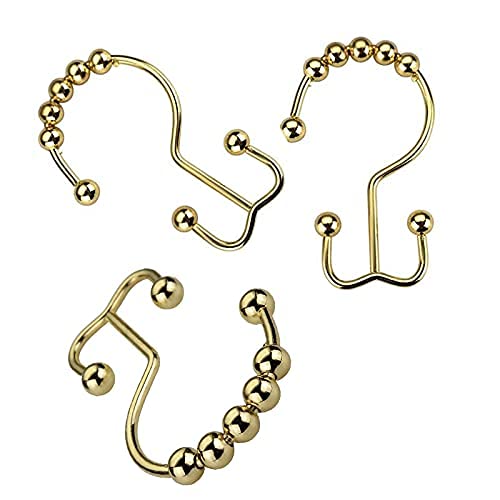 Shower Curtain Hooks Double - Set of 12 Metal Shower Curtain Rings - Double Glide Shower Hooks for Bathroom Curtain (Gold) - color: Gold