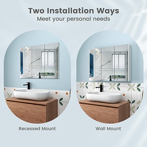 Tangkula Medicine Cabinet with Mirror, Frameless Bathroom Wall Mounted Cabinet with 3 Doors and Adjustable Shelves, Storage, Recess or Surface Mount Installation