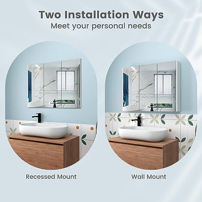 Tangkula Medicine Cabinet with Mirror, Frameless Bathroom Wall Mounted Cabinet with 3 Doors and Adjustable Shelves, Storage, Recess or Surface Mount Installation
