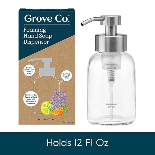 Grove Co. Foaming Soap Dispenser Set, 2 x 12oz Glass Bottles, Reusable | Pair with our Foaming Soap Refills; Stainless Steel Pump; No plastic waste; Reusable dispenser; Refill format - color: Clear, size: 24 Ounce ( Pack of 2)