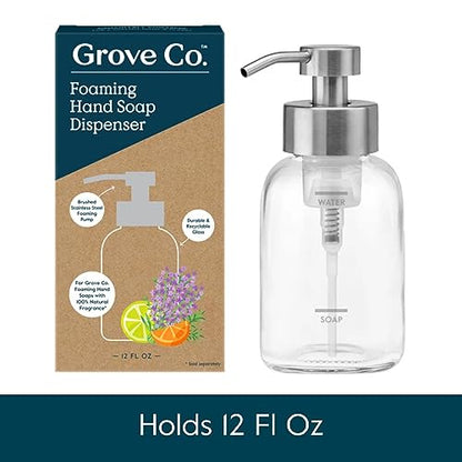 Grove Co. Foaming Soap Dispenser Set, 2 x 12oz Glass Bottles, Reusable | Pair with our Foaming Soap Refills; Stainless Steel Pump; No plastic waste; Reusable dispenser; Refill format - color: Clear, size: 24 Ounce ( Pack of 2)