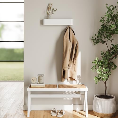 Kazai. Wall-Mounted Coat Rack 'Toke' - Modern Design Coat Rack with Hidden Wall Hooks - Solid Wood Veneer Panel Coat Hanger - White - color: White, size: 5 Hooks