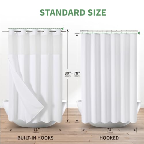 eachope White Long No Hook Shower Curtain with Snap-in Fabric Liner Set,Slub Textured Fabric Shower Curtains for Bathroom,Hotel Style Modern Shower Curtain,Water Repellent& Washable,71x80(78) | Extra Long Hotel Style Fabric with See-Through Top Window, Wa