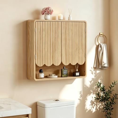 Fluted Bathroom Wall Cabinet, Boho Wooden Bathroom Organizers, Scalloped Over The Toilet Storage Cabinet with Adjustable Shelf, Medicine Cabinet Wall Mounted for Bathroom, Laundry Room,Natural - color: Natural