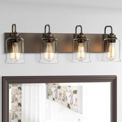 zeyu 28.5" Oil Rubbed Bronze Bathroom Light Fixtures, 4-Light Farmhouse Vanity Wall Lights with Clear Glass Shade, ZSL72B-4W ORB - color: Oil-Rubbed Bronze, size: 4-Light