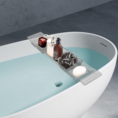 Bathtub Caddy Tray, Expandable Bath Shelf with Book and Wine Holder, Clear Gray Acrylic Bathtub Tray for Bathroom, 22.24-31.5 Inch Adjustable