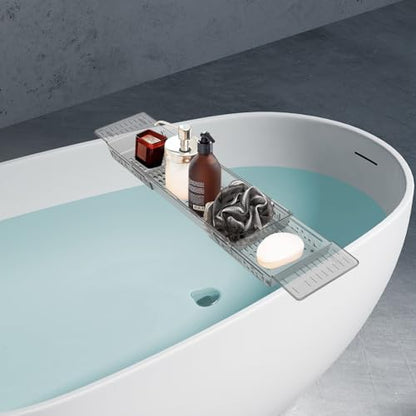 Bathtub Caddy Tray, Expandable Bath Shelf with Book and Wine Holder, Clear Gray Acrylic Bathtub Tray for Bathroom, 22.24-31.5 Inch Adjustable