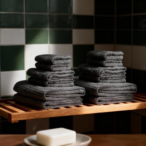 Waffle 12-Piece Family Towel Set – 4 Bath Towels, 4 Hand Towels & 4 Washcloths – Soft, Lightweight, Quick Dry 100% Cotton Waffle Weave for Bathroom & Spa (Charcoal) - color: Charcoal, style: Family 12-Piece Set