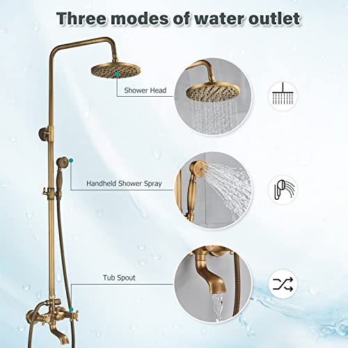 NeierThodore Antique Brass 8-Inch Bathroom Shower Faucet System Rainfall Shower Head Wall-Mounted Dual Cross Handle Bathtub Shower Mixer Tap with Hand Sprayer - color: Antique Brass, size: 8 Inch 3 Modes