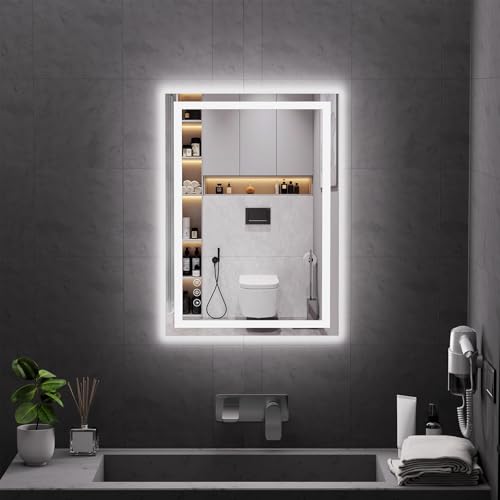 Koonmi 28x20 LED Bathroom Mirror, Shatterproof Mirror with Light | 90CRI Vanity Mirror with Anti-fog Backlit + Front Lit, 3 Color, Easy Install for Bathroom Hotel (IP65) - size: 20"L x 28"W