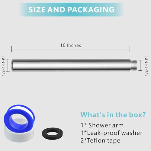 Shower Extension Arm, Solid Stainless Steel Shower Pipe Extension with Teflon Tape and Washer, For Lowering or Extending Showerhead (10 Inch, Chrome) - color: Chrome, style: 10 Inch