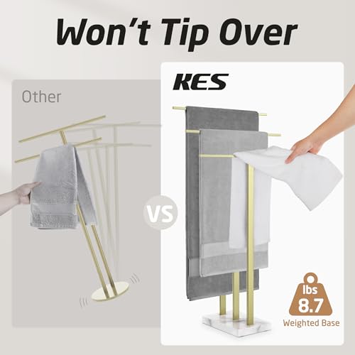 KES 3-Tier Freestanding Towel Rack with Marble Base, 36" Tall, Brushed Gold | Weighted Base Prevents Tipping, Anti-Slip Pads, No-Drill Assembly, Fits Bath Sheets And Hand Towels, For Humid Bathrooms - color: Gold