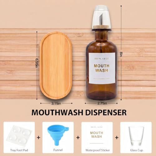 11.8OZ Glass Mouthwash Dispenser, Set of 2, Amber | Stainless Steel & Bamboo Nozzle, Mouthwash Cup Reusable, Bamboo Tray, Elegant Gold Sticker - color: Amber/350*2